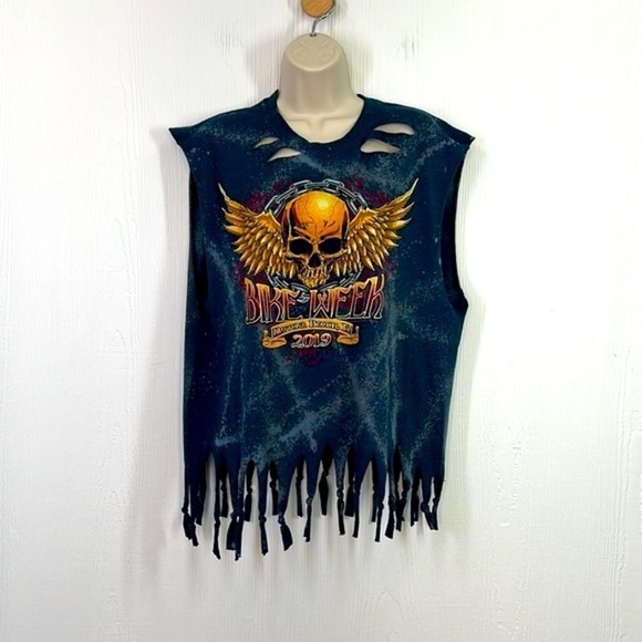 Gildan - 78th 2019 Skull Distressed Fringe Sleeveless Bike Week Daytona Fl Large - Picture 2 of 12
